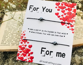 Bracelet card, Couples bracelet SET of 2, wish bracelet stone bracelet, friendship bracelet, bff gifts, his and hers, hematite bracelets