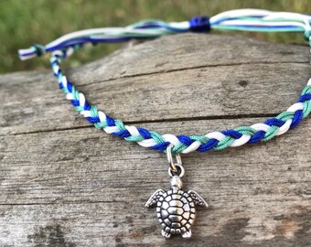 Braided Turtle Anklet, Waterproof Boho Charm, Adjustable Nylon Cord