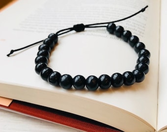 Adjustable Black Wood Beaded Bracelet for Men, Silky Cord