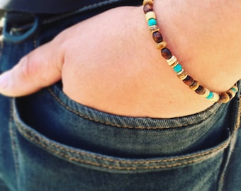 Wooden bracelet for men, Bracelets for men, Wood and turquoise beaded stretch bracelet for men, boyfriend gift, Drisain men