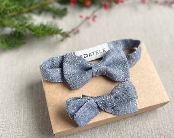 Matching Brother Sister Boy's Bow Tie Girl's Hair Bow in Patterned Blue Linen - Dad Son Daughter Wedding, Christening, 1st Birthday bow tie