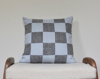 Quilted Patchwork Blue Checkered Linen Square Pillow Cover 16 x 16 - Maritime Home, Nursery Decoration