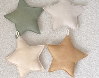Linen Fabric 4 Stars Garland - Sage Green Brown Colors Sustainable Modern Nursery Decor - Baby welcoming gift
