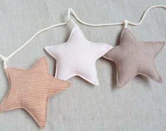 Baby welcoming gift - Pastel Neutral Linen Fabric 6 Stars Garland - Minimalist, Boho Nursery, Kids Room Wall Decor