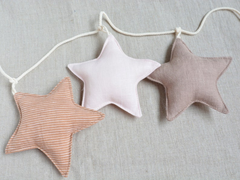 Linen Fabric Stars Garland Neutral Beige Colors Nursery Decor Newborn Baby Gift Sustainable Party decoration, Kids Photoshoot Backdrop image 7