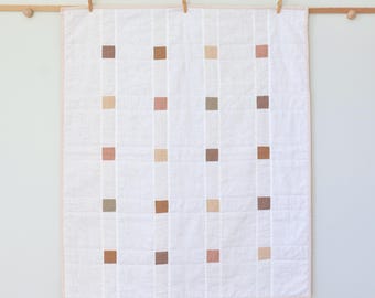 Neutral Nursery White Beige Brown Quilted Patchwork Linen Crib Blanket 33" x 39" - Baby Shower, New Mom Gift