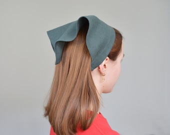 Green Linen Head scarf -  Expandable Fitness Headband - Kerchief - Retro Head Bandana - Summer Hair accessories