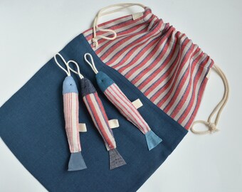 Wardrobe Organizer Linen Bag and 3 Fabric Fish Ornaments - Coastal Home Gift