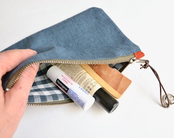 Blue Gray Zippered Linen Pouch - Carry all pouch - Esentials Organiser - Sanitary pads, Cosmetic Pouch - Gift for Teen - Thank you Gift