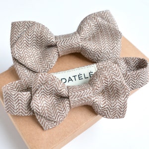 May include: Two brown and white herringbone patterned bow ties are displayed on a small, light brown box. The bow ties are made of a textured fabric. A white label with the word "DATÉLÉ" is visible.