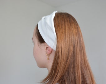 White Linen Headband - Expandable Hair bandana for women - Summer head cover - Beach bandana - Wide Hairband