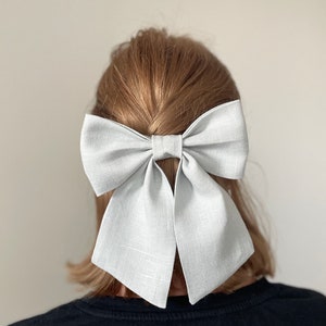 女性用リボンヘアバレッタ - ホワイト、シーグラス、ブラックリネン特大セーラーヘアリボン、女の子用、母娘セット