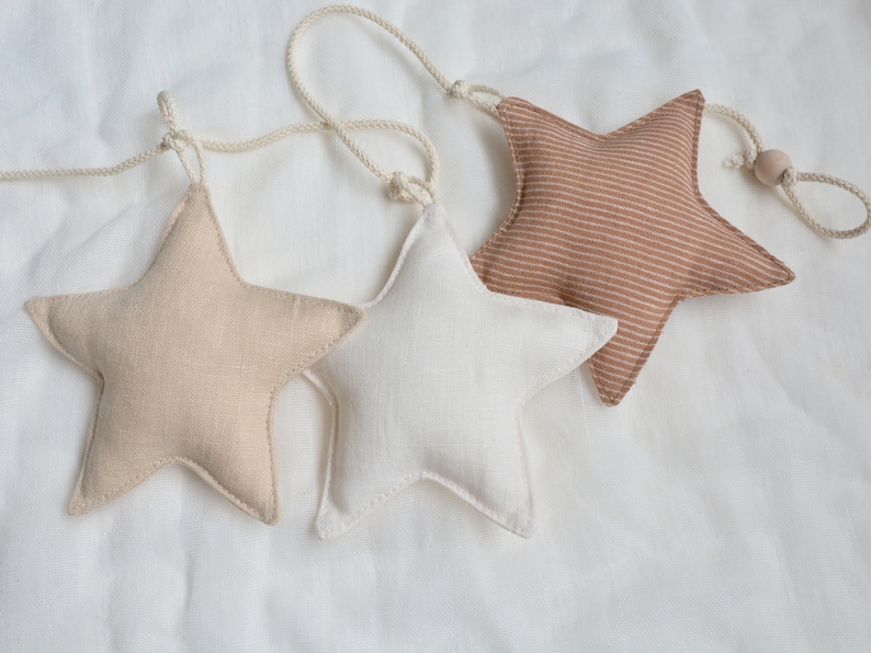 Linen Fabric Stars Garland Neutral Beige Colors Nursery Decor Newborn Baby Gift Sustainable Party decoration, Kids Photoshoot Backdrop 2-3-6