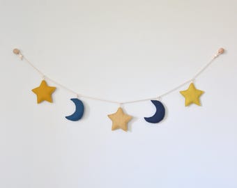 Celestial Nursery, Kids’ Room Garland – Blue and Yellow Linen Stars and Moons