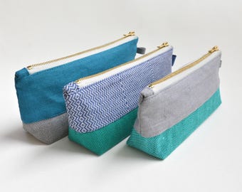 Color Block Linen Pencil Case – Aqua Green, Grey Organizer Pouch