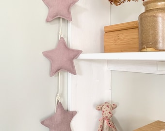 Linen Fabric Stars Garland - One Color Neutral Pastel Beige Colors Nursery, Kids Room Decor - Sustainable Home decoration - Baby Shower Gift