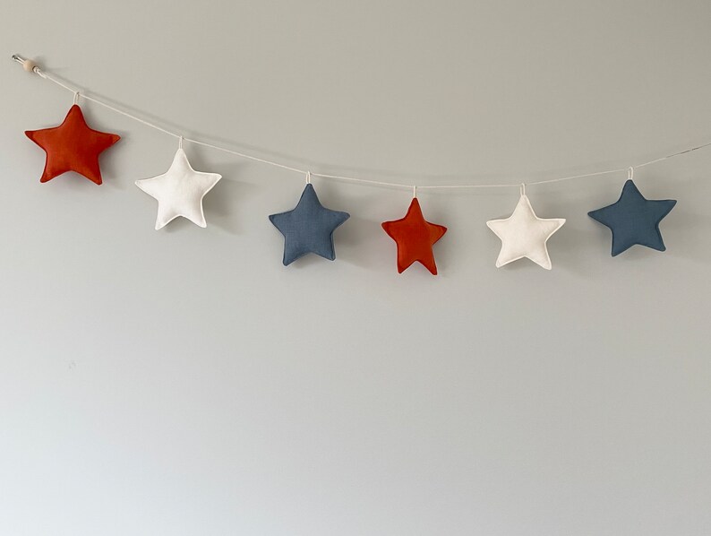 Linen Fabric Stars Garland, Orange Blue White Ornaments, Nursery, Kids