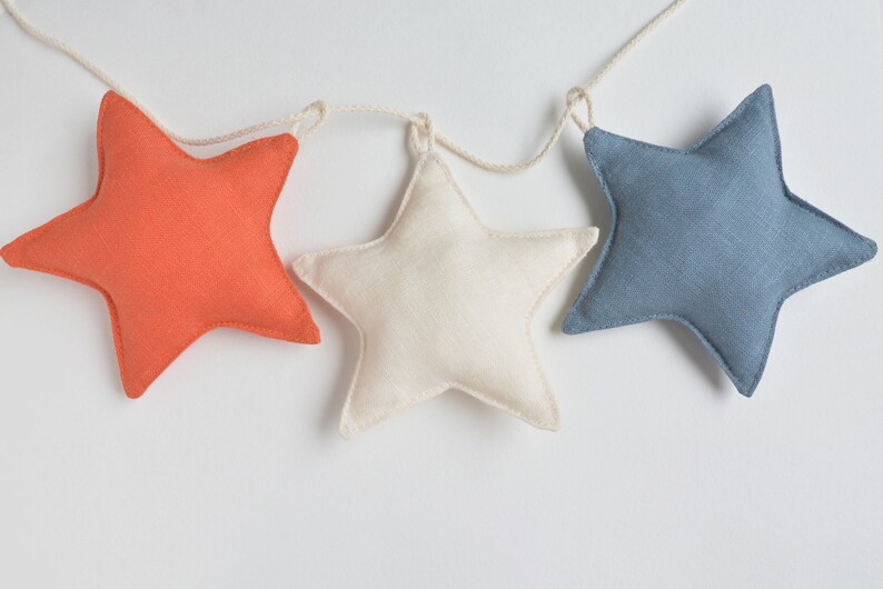Linen Fabric Stars Garland, Orange Blue White Ornaments, Nursery, Kids