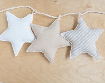 Gender Neutral Nursery Natural Linen Fabric Stars Garland - Pastel Ivory, Grey Stars Wall Decor