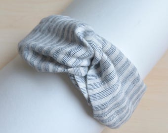 Striped Ecru Blue Linen Twisted Headband - Hair bandana - Head wrap for women