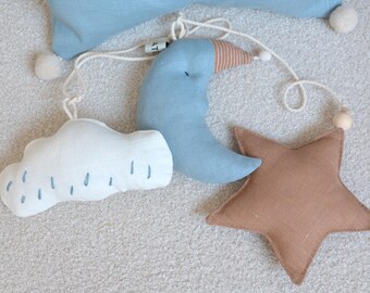 Celestial Nursery Decor – Moon, Star & Cloud Linen Vertical Garland - Newborn Baby Gift