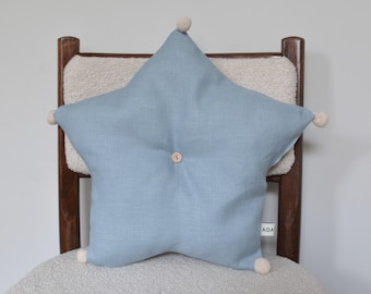 Star Shaped Blue Linen Pillow for Nursery - Celestial Theme Decoration