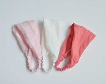 Pink White Linen Headband for girl - Expandable Hair bandana for women - Wide Hairband