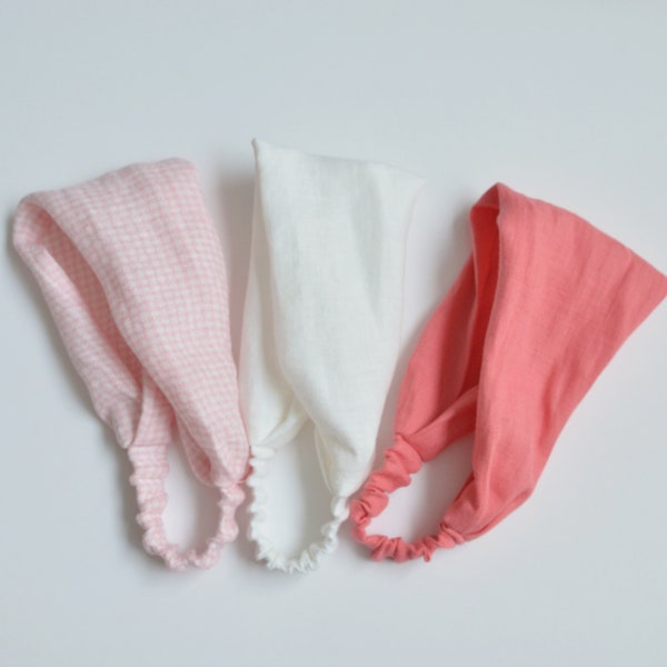 Serre-tête rose blanc en lin pour fille - Bandana extensible pour femmes - Serre-tête large