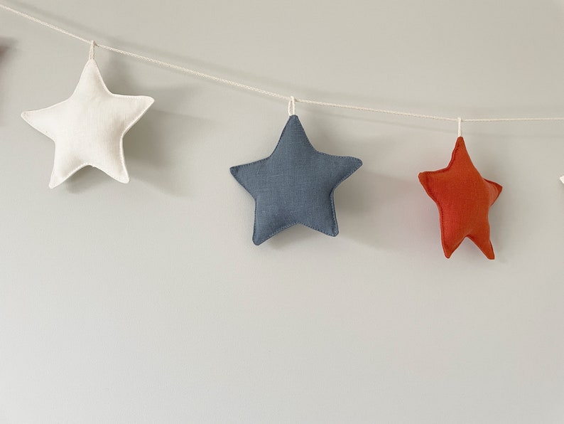 Linen Fabric Stars Garland, Orange Blue White Ornaments, Nursery, Kids