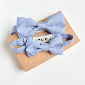 Dad and Son Matching Christening, Wedding Bowties Sky Blue Melange Linen - New Father and Baby Gift - Family outfit
