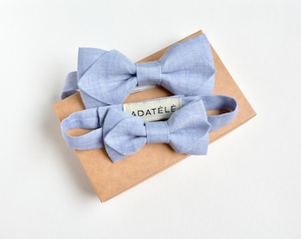 Dad and Son Matching Christening, Wedding Bowties Sky Blue Melange Linen - New Father and Baby Gift - Family outfit