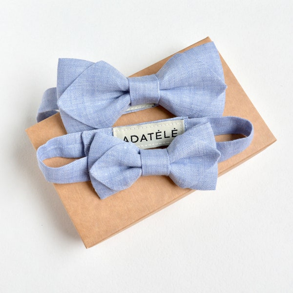 Dad and Son Matching Christening, Wedding Bowties Sky Blue Melange Linen - New Father and Baby Gift - Family outfit