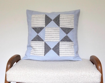 Quilted Patchwork Blue White Linen Square Pillow Cover 16 x 16 - Maritime Home, Nursery Decoration
