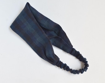 Plaid Blue Breathable Linen Head Bandana, Headband - Unisex Head Wrap for Women, Men