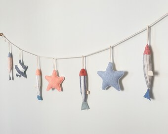 Fabric Fish and Sea Stars Maritime Nursery Garland -  Orange Blue White Coastal Kids Room Decoration - Baby Shower gift, Wall hanging