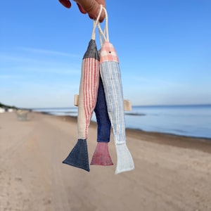 Set of 3 Fabric Fish Ornaments - Maritime Beach House decoration - Sea Lovers Gift