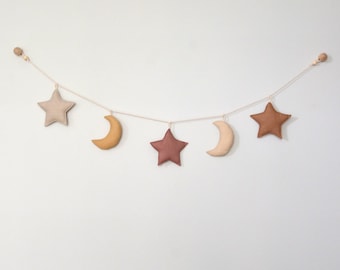 Linen Fabric Star and Moon Garland - Neutral Beige Colors Sustainable Nursery, Kids Room Decor Newborn Baby Gift