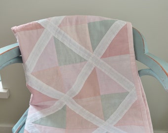 Pastel White Pink Green Linen Baby Patchwork Blanket - Nursery Crib Blanket - Baby Girl Keepsake quilt - Newborn Gift