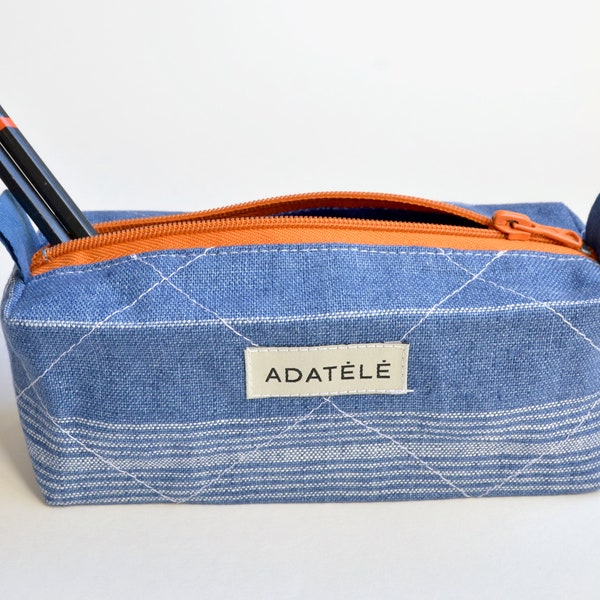 Denim Blue Quilted Linen Pencil Case - Unisex Kids Pencil Organizer - Boxy Zippered Pouch - Gift for Student