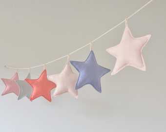Linen Fabric Stars Garland - Blue Pink Colors Nursery Decor - Sustainable Baby Shower, Kids Party, Childs Room decor, Photoshoot Backdrop