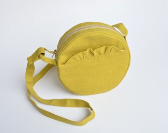 3-6 years Girl Purse - Round zippered Yellow Linen Shoulder kids hand bag - Birthday gift idea