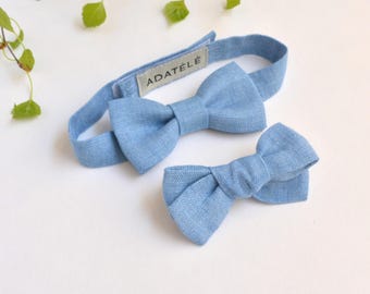 Matching Siblings Linen Bow Tie and Hair Bow Set, Melange Light Blue, Baby Boy, Girl Wedding, Christening Accessories