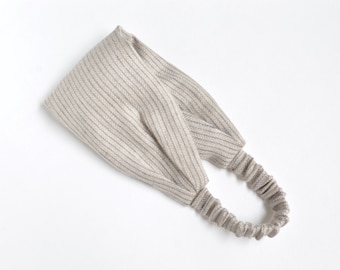 Soft Natural Grey Striped Linen Headband - Unisex Expandable Hair bandana - Workout, Yoga, Gardening, Beach bandana