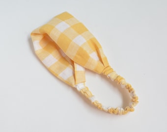 Gingham Yellow White Linen Girls, Women Headband - Hypoallergic Beach Summer head cover - Matching Mom Daugther Hair Bandana