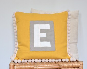 Personalized Letter E Yellow Quilted Linen Pillow Cover with Pom-Poms, Name Day Gift for Baby, Boy, Girl