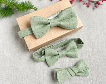 Matching Dad Son Daughter Bowties Fern Green Linen - Olive Green Bow Ties for Father and Baby Boy family photo