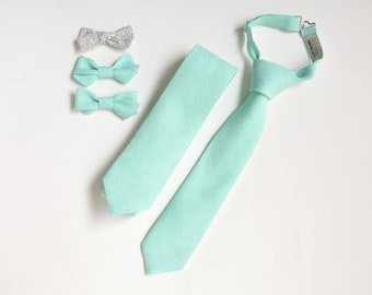 Mint Green Matching Dad Son Neckties, Daughter hair bows - Wedding, Baptism, Matching Family photo - Father Day gift