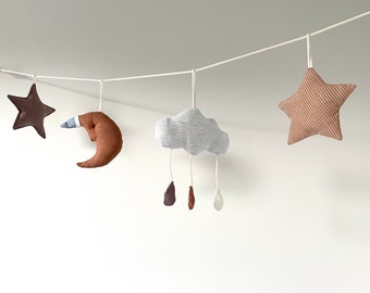 Moon, Clouds, Star Garland from Linen - Celestial Neutral Beige Colors Sustainable Nursery Wall Decor