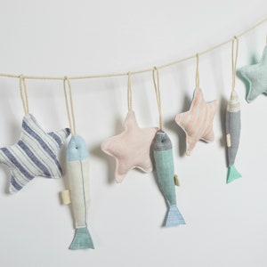 Pastel Fabric Fish and Stars Garland, Baby Shower Gift - Coastal Nursery Banner - Personalised Child Maritime Birthday Party Decoration