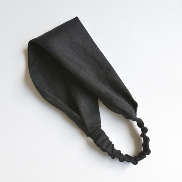 Diadema de lino negro - Pañuelo para el cabello - Envoltura de cabeza expandible para mujer - Diadema de verano
